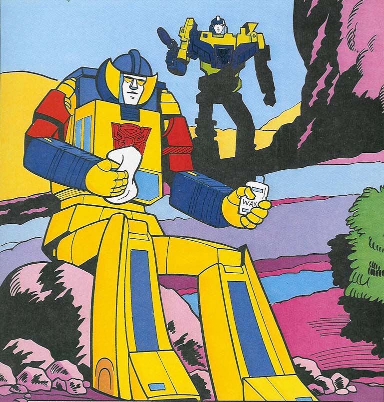 storybook illustration of sunstreaker sitting down in the extreme foreground holding a rag and a bottle of wax while devastator in the extreme background approaches ominously