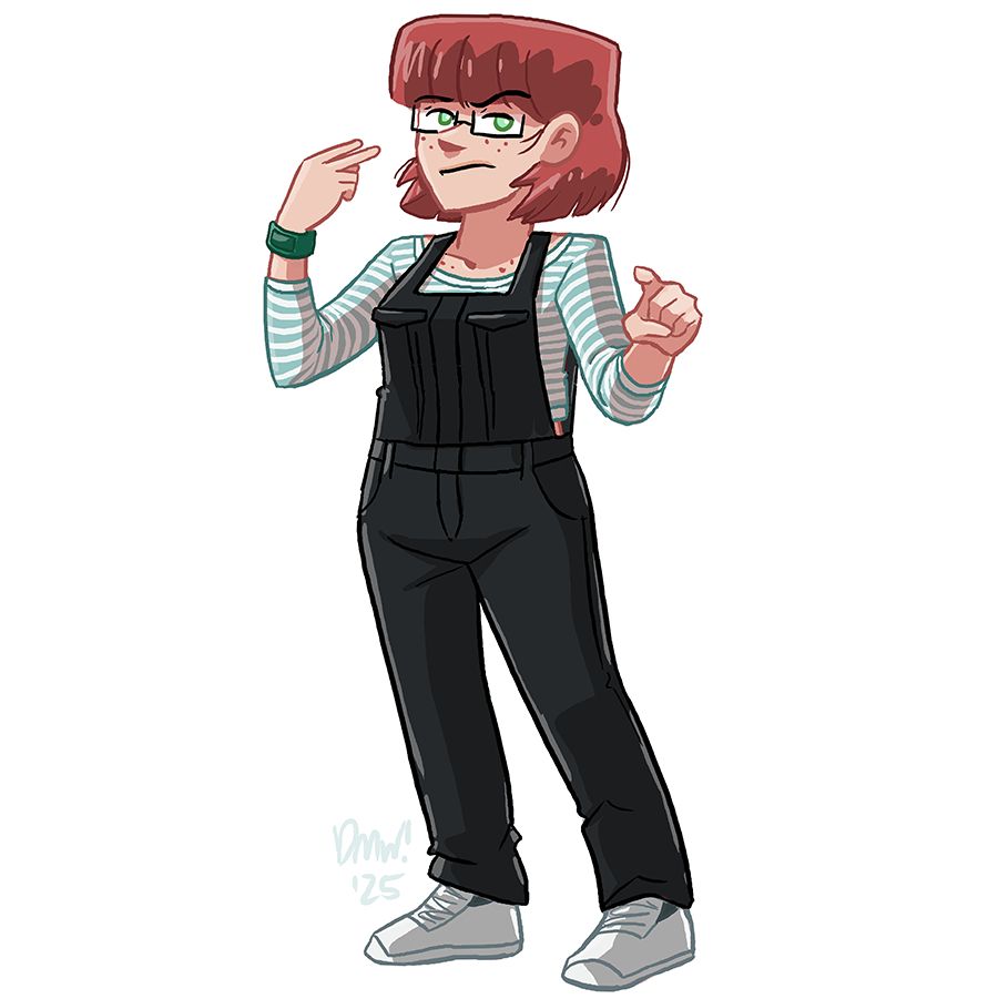 Ruth in black overalls and a seafoam/white striped shirt