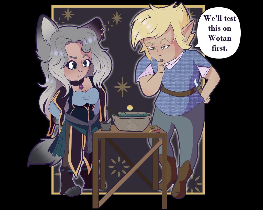 A pair of chibi-styled characters. One is a wolf-girl, wearing lots of purple and blue. She stares at a bubbling bowl skeptically. Next to her, inspecting the same bowl is a pretty-boy blond half-elf. He is inquisitive, stating they will test this brew of Wotan first. 