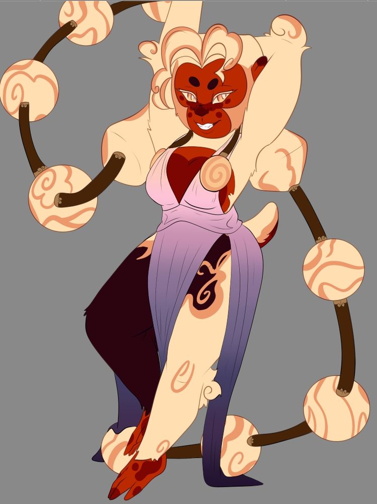 A blood moon colored monkey character with long hair tied tightly into balls. She has a short tail. She is wearing a purple evening gown with a slit up to her hip and a plunging neckline