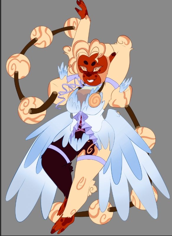 A cream and red monkey character, posted with one arm up. She has long hair, tied into balls that floor around her. She is wearing an angel-like outfit with ribbons and wings. This one is blue