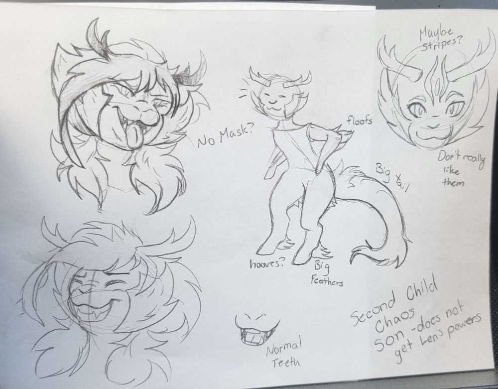 A sketch page of a design process, Yijun used to have antlers. There are many notes scattered around the page, not liking stripes, notes to make him extra fluffy, etc.