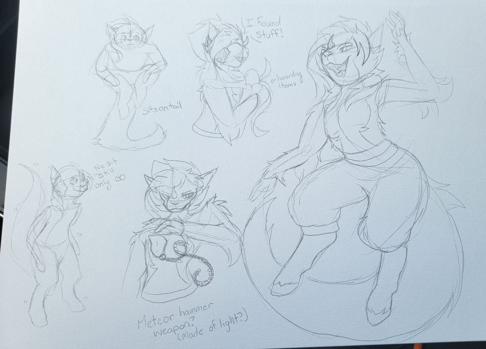 A sketch of Yijun's final design in a sketch book. There are notes about how he sits on his tail, hoards items, and uses a meteor hammer as his weapon.