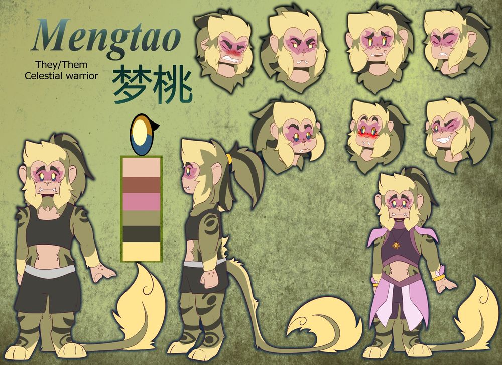 A reference for a LEGO-style character named Mengtao. They are a green monkey-like chimera who has tiger striping on their legs and back. The reference shows a front and side view of them. There are 7 expressions in the top right-hand corner, showing a range of emotions. At the bottom right-hand side, there is a forward-facing reference of Mengtao in their celestial warrior uniform.