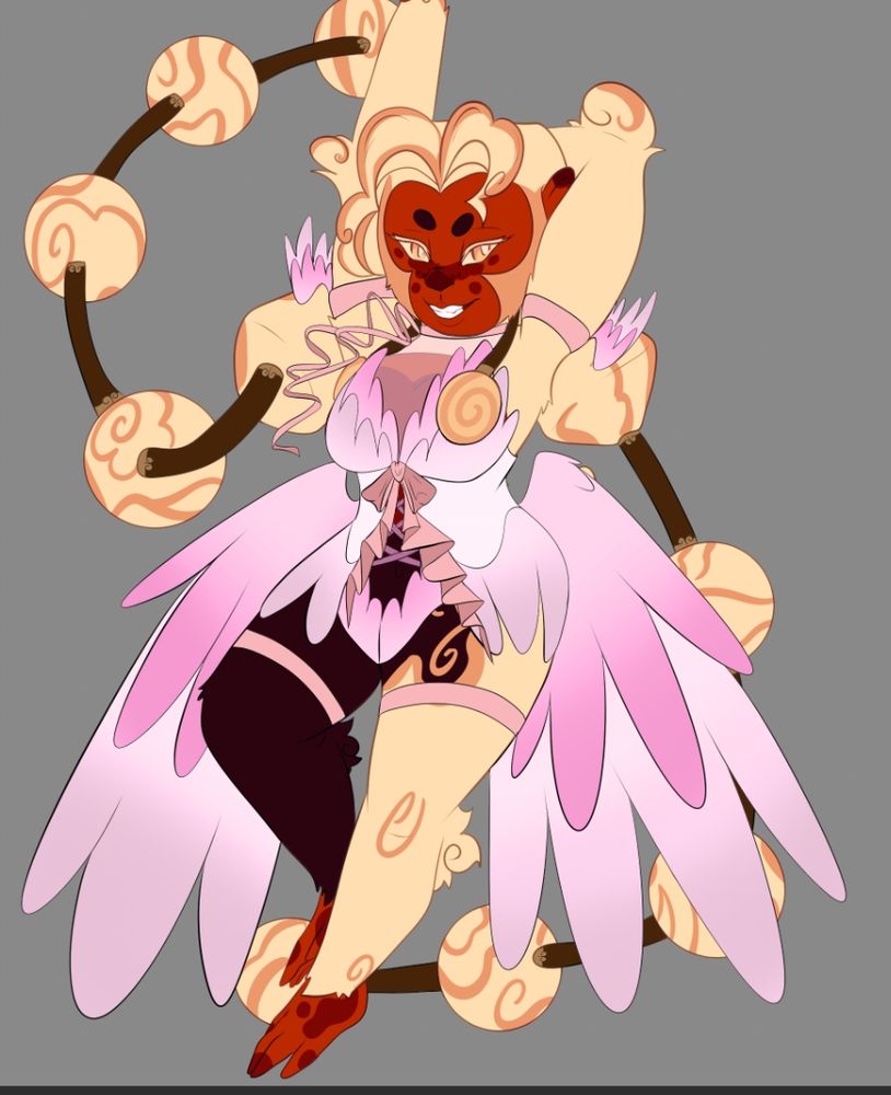 A cream and red monkey character, posted with one arm up. She has long hair, tied into balls that floor around her. She is wearing an angel-like outfit with ribbons and wings. This one is pink