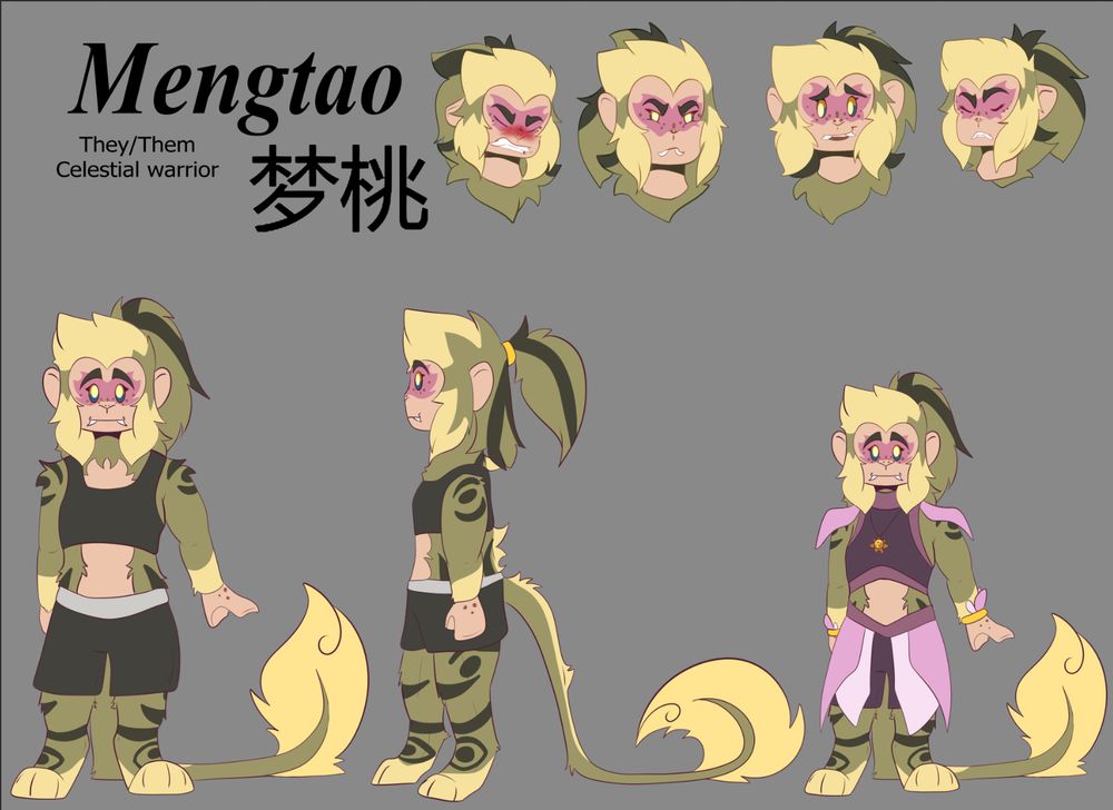 A lego reference sheet of a green monkey chimera named Mengtao. They have tiger stripes and blond highlights. There are four faces in the top right hand of the page showing different expressions.