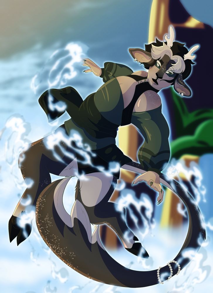A firbolg character with a brown and green color palette. He jumps above the clouds gracefully, looking over his shoulder at something unseen.