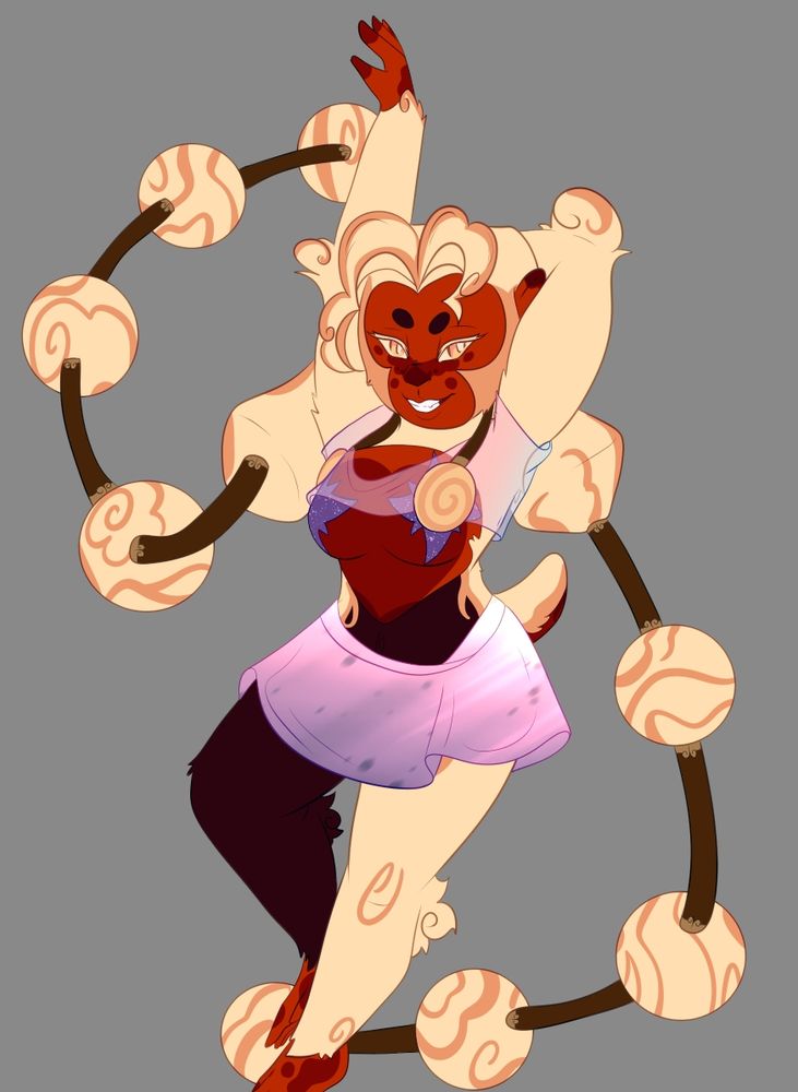 A blood moon colored monkey character with long hair tied tightly into balls. She has a short tail. She is wearing a rave/party outfit with star shaped pasties, a sheer top, and a pink skirt