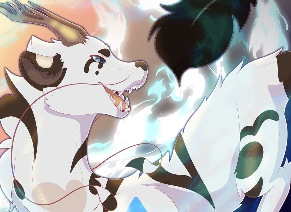 A white, dog-faced dragon character with brown spots and dragon whiskers and horns. They are surrounded by blue and white flames