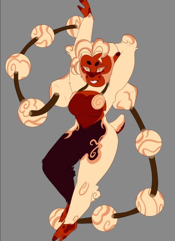 A blood moon colored monkey character with long hair tied tightly into balls. She has a short tail. She is posed to show off.