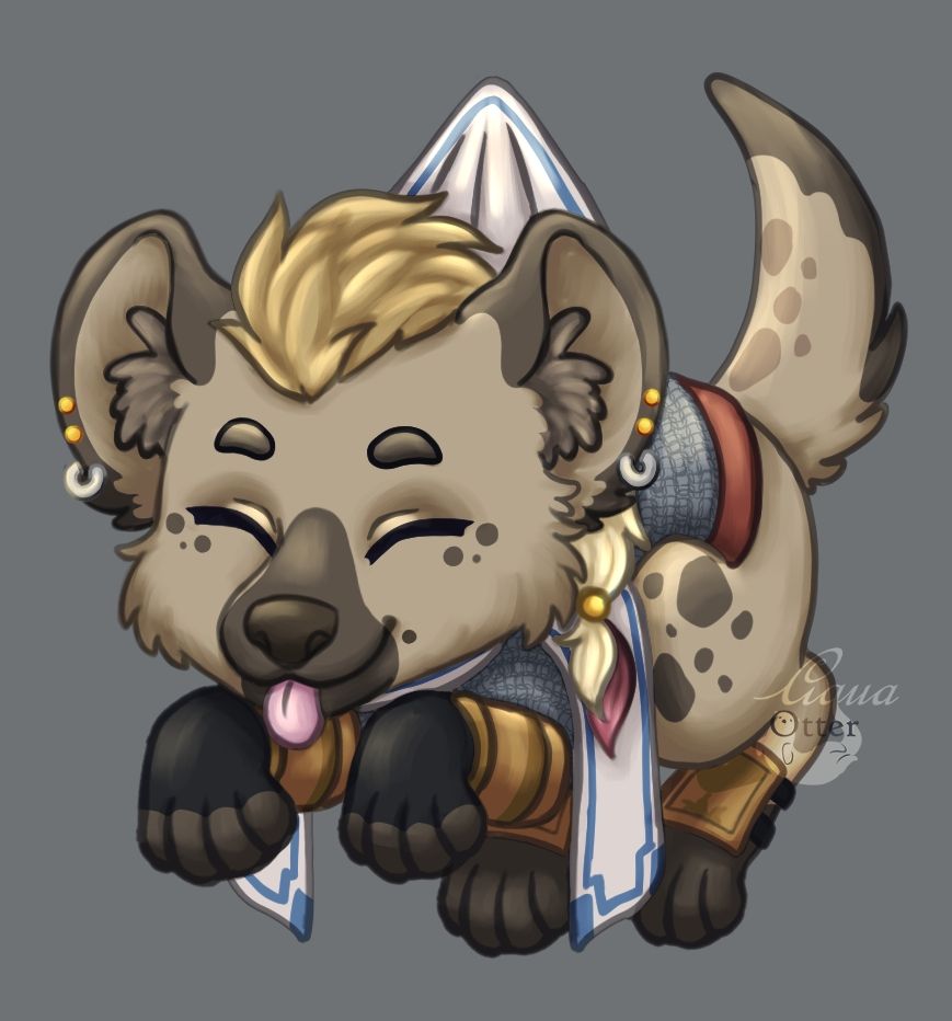 A dangling chibi drawing of my gnoll fighter, Ym pebblepaw. He is smiling, tongue out, looking very happy