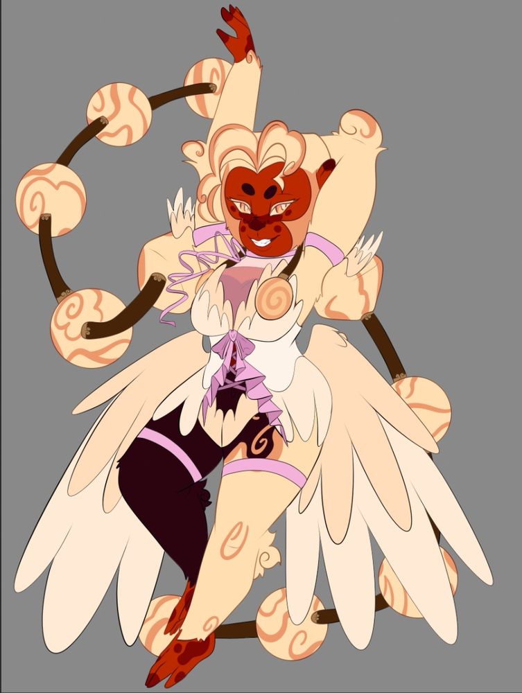 A cream and red monkey character, posted with one arm up. She has long hair, tied into balls that floor around her. She is wearing an angel-like outfit with ribbons and wings. This one is cream, similar to her fur.