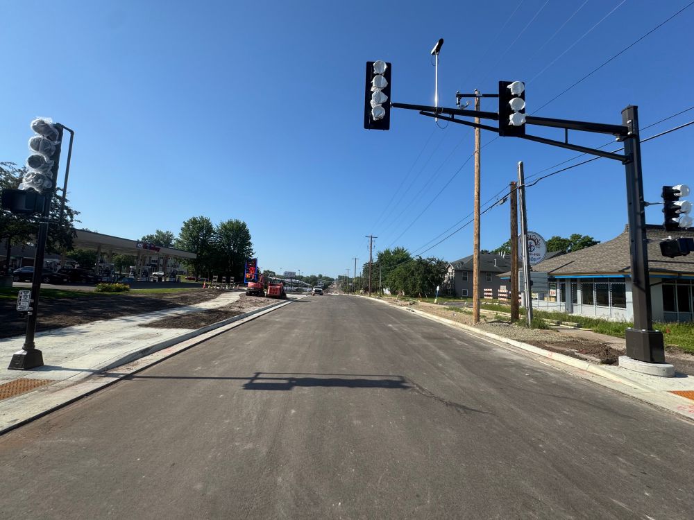 Rice Street looking south from Wheelock Parkway. New signals and pedestrian medians visible.