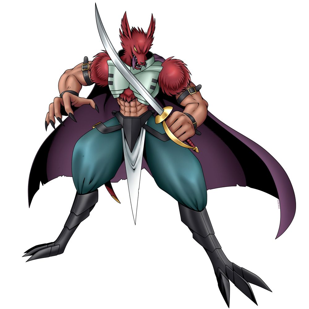 A humanoid red wolf with shaved arms and stomach. It's wearing a metal breastplate, two black belts on each arm and black armor from the knees down. It's wearing a white loincloth over puffy dark green trousers and a dark purple cape. It's holding a cutlass
