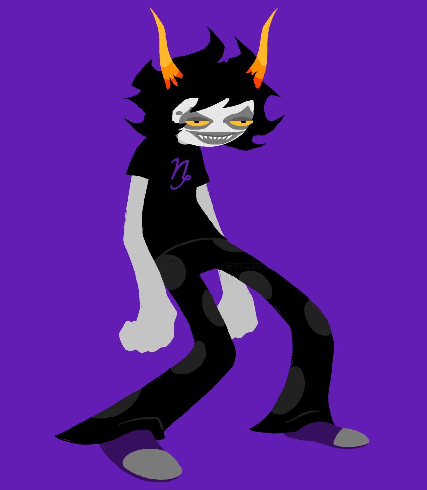 Gamzee from Homestuck drawn specifically to replicate one of Andrew Hussie's multiple artstyles. he is a gray-skinned troll who wears clown facepaint, a black shirt with a purple capricorn sign, black and dark-grey spotted pajama pants, and purple slippers. he has yellow eyes, black spiky hair, goat-like orange horns