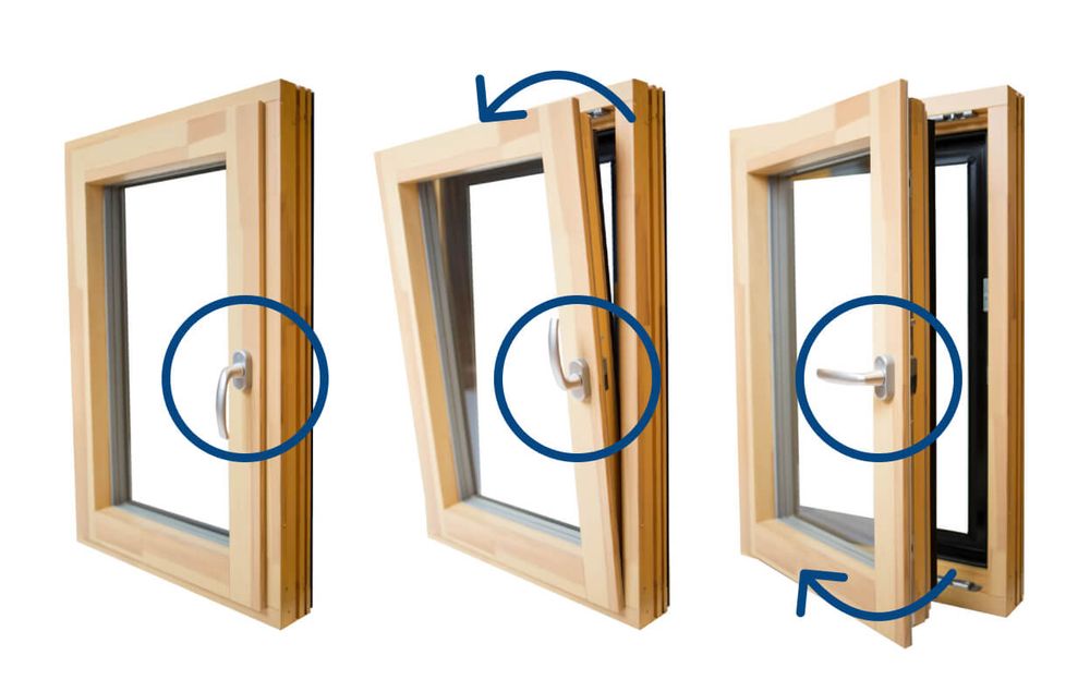 A window that is common in Europe; the handle rotates to unlock different mechanisms to that the window can tilt open at the top or swing wide open.