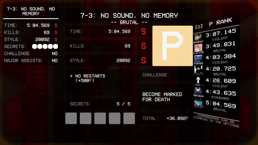 ultrakill, results screen for 7-3: NO SOUND, NO MEMORY, i have a p rank with a time of 5 minutes, 4 seconds and 569 milliseconds, 69 kills, and 28092 of style