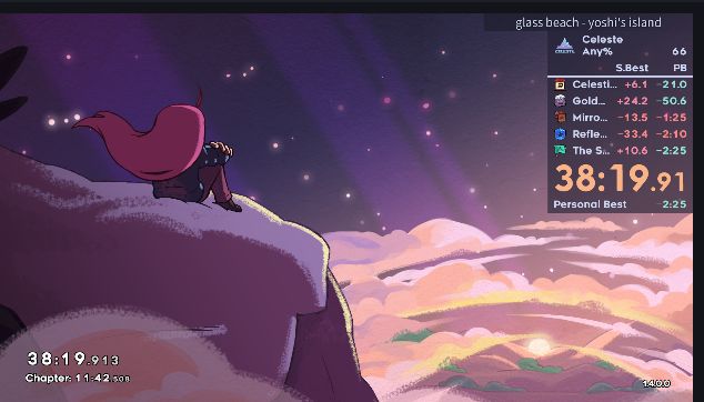 the celeste chapter 7 end screen, showing a save time of 38 minutes, 19 seconds and 913 milliseconds and a chapter time of 11 minutes and 42 seconds