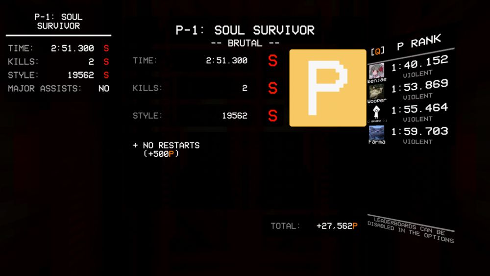 ULTRAKILL, the results screen for P-1: SOUL SURVIVOR in the BRUTAL difficulty, i got a P rank with a time of 2 minutes, 51 seconds and 300 milliseconds, 2 kills and a style of 19562