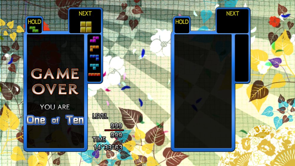 tetris the grandmaster 4, tgm normal mode, "game over screen" with 999 out of 999 lines, "one of ten"