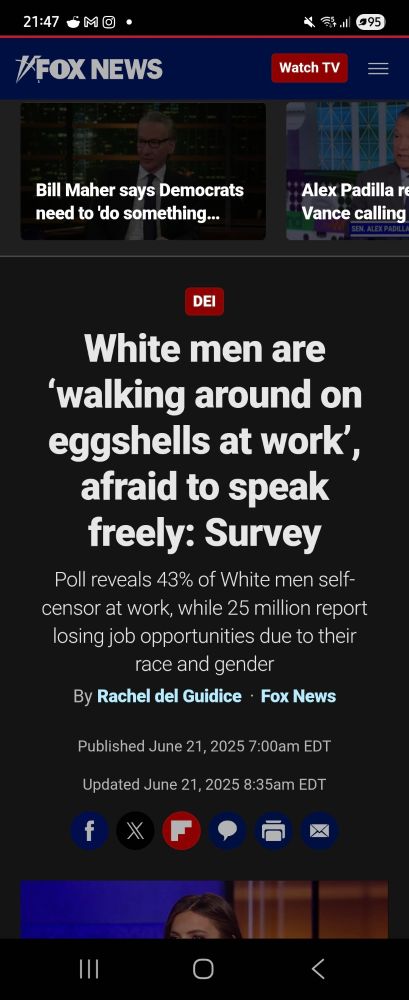 Screen shot of a Fox News article with the headline "White men are
'walking around on eggshells at work, afraid to speak freely: Survey
Poll reveals 43% of White men self-censor at work, while 25 million report losing job opportunities due to their race and gender"
By Rachel del Guidice • Fox News