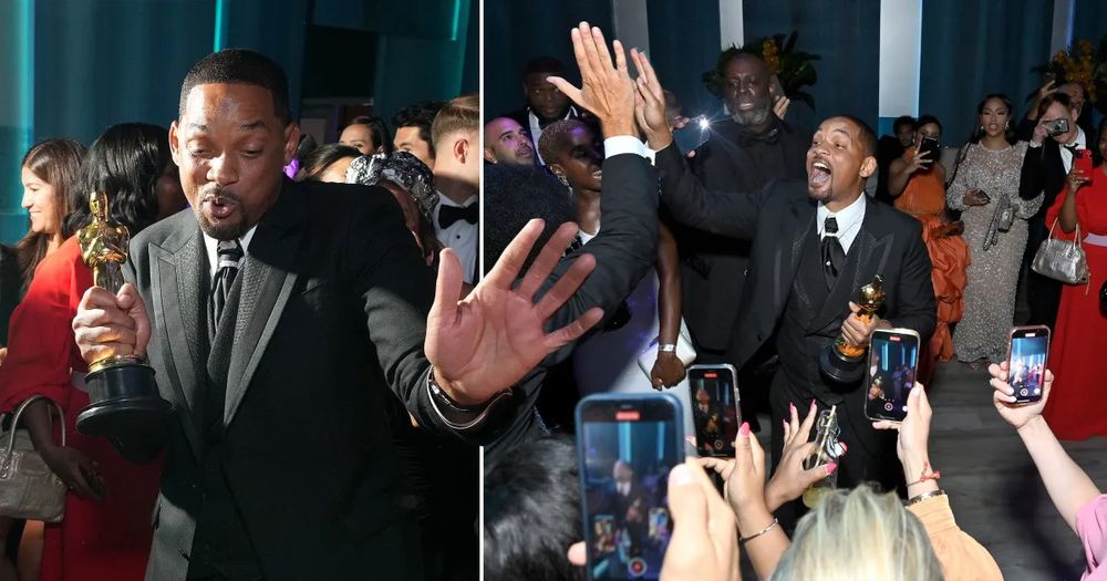 Same hand holds an oscar whole dancing to Get Jiggy Wit It