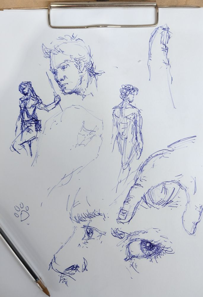 Some biro pen sketches of people, faces, hands, and eyes