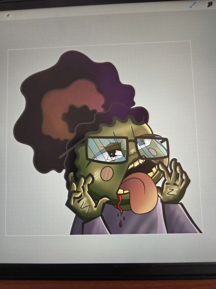 A zombified emote of GrayOvercast. Green skin, afro puff in purple and browns, tongue sticking out. Hands lifted up by face. Purple shirt.