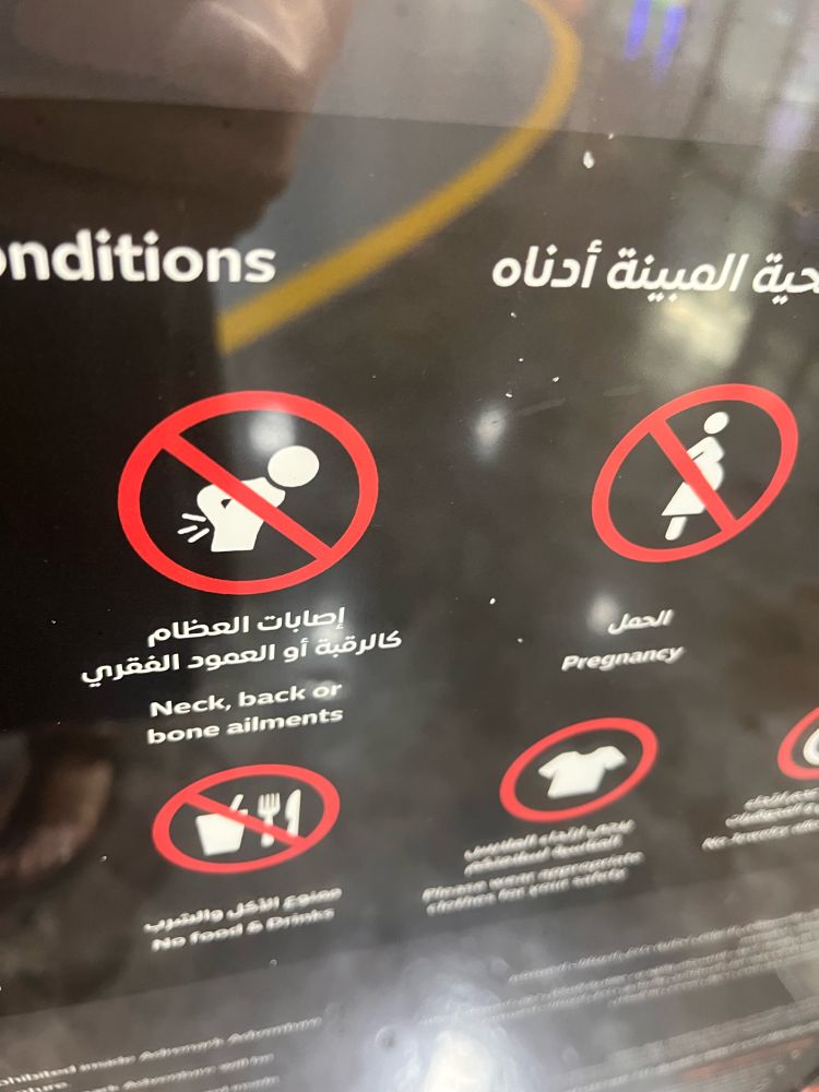The photo shows a series of signs displaying the rules about accessing a ride - the most prominent one is a sign saying people with neck, back or bone issues cannot ride. The image to go with it shows a figure bending over with three dashes appearing to come out of his rear end