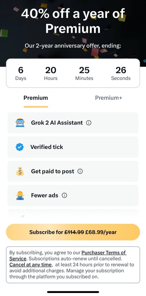 Ad for premium on X shows a 40% offer
