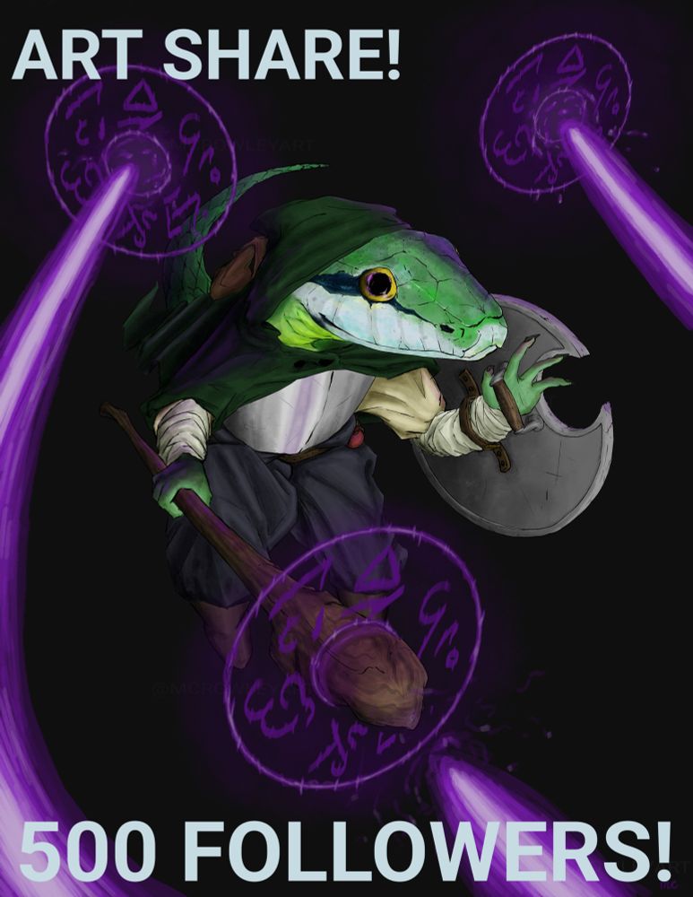 A drawing of my anthropomorphic Snake OC Seath casting purple magic beams from magic circles. He is a green tree snake/person with a shield and staff. The words “Art Share” and “500 Followers!” Are placed over the image.   