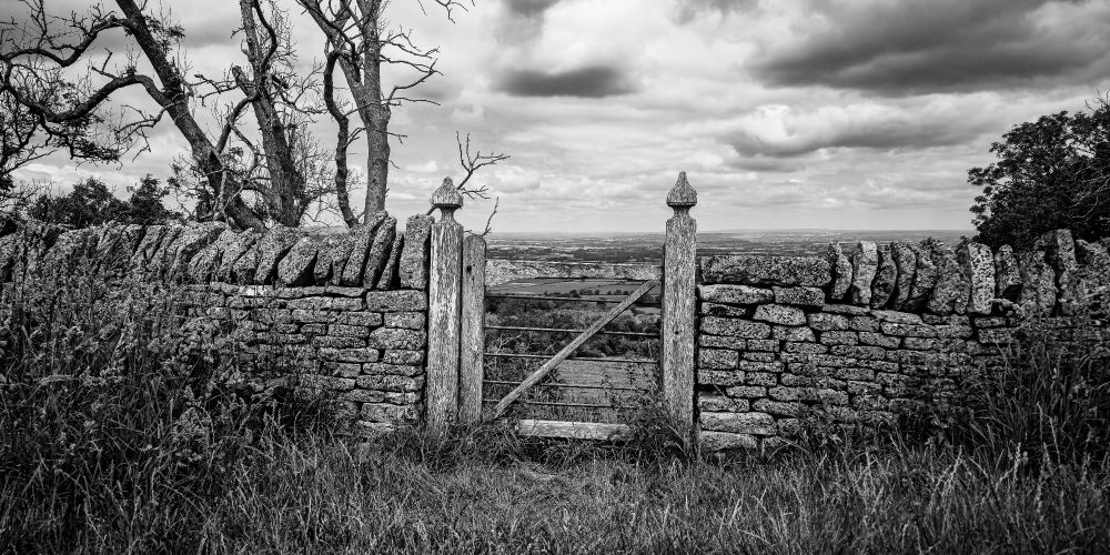 Black and white image of a weathered wooden gate set into a dry stone wall, with rough-cut stones stacked irregularly and tufts of grass pushing through the crevices. The scene is framed tightly, emphasizing texture and age. The gate is slightly ajar, hinting at passage or neglect.