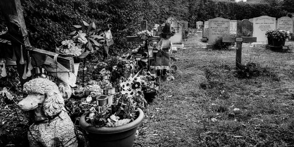 A decorated grave in Chipping Campden, UK, features a poodle statue, pinwheels, artificial flowers, and a scarecrow figure. In the background, gravestones rise in rows behind a tall hedge.