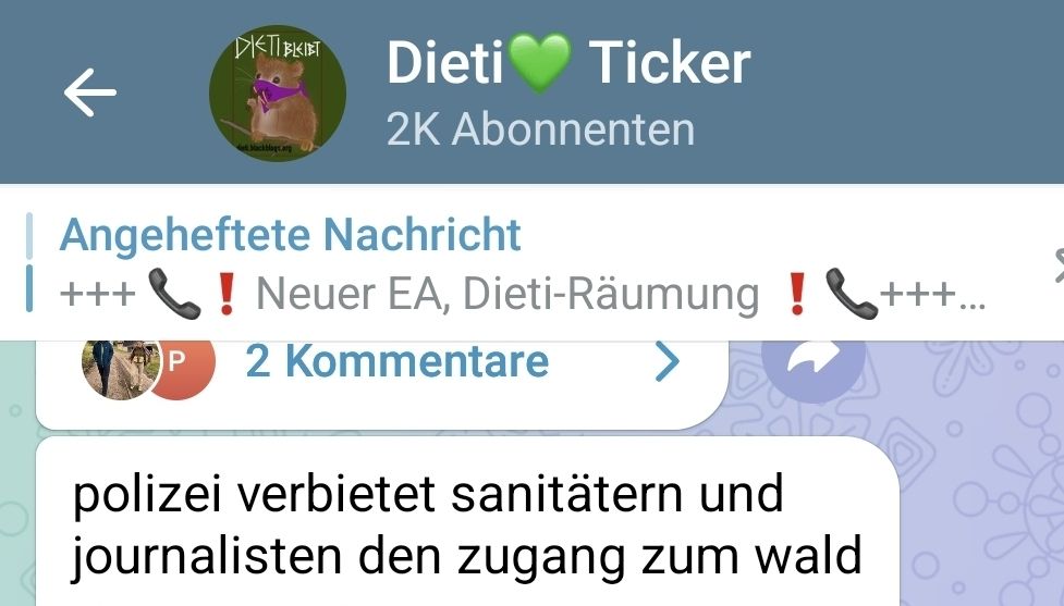 Screenshot Dieti-Ticker. "polizei verbietet sanitätern und journalisten den zugang zum Wald" 