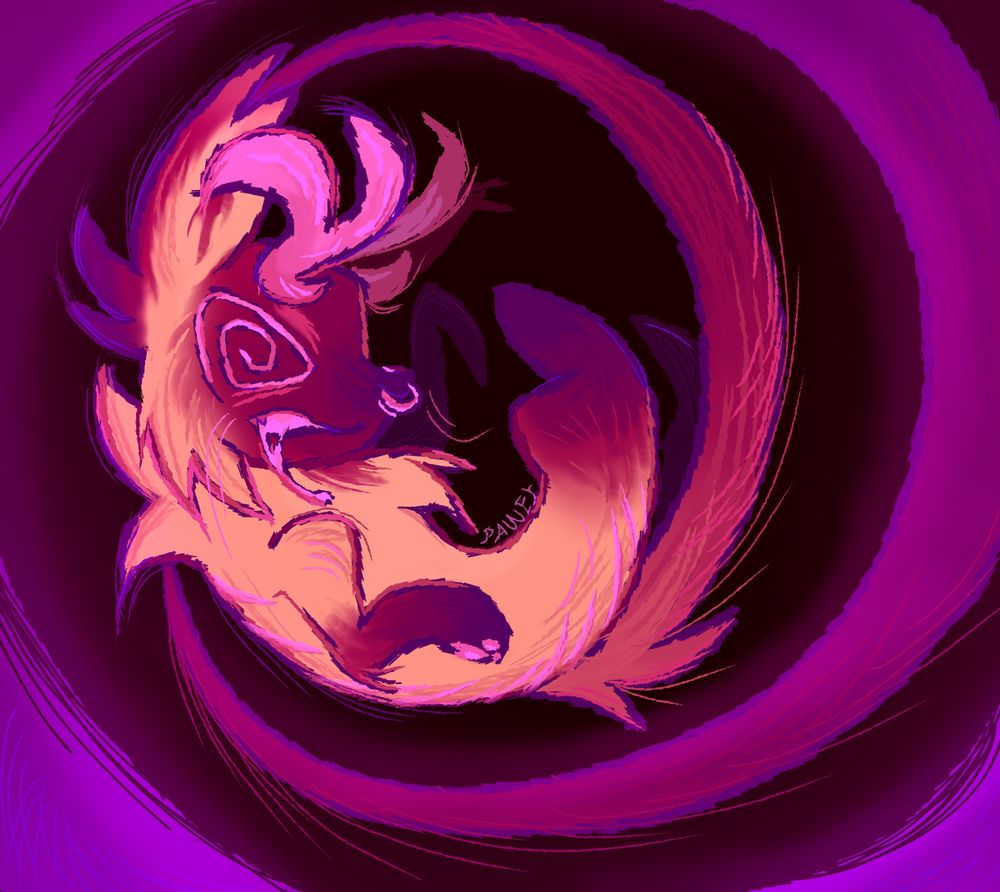 A warm coloured creature with various stripe patterns, antlers, and a nose ring finds itself caught in the eye of a whirl. It's dizzy expression and kicking limbs signals to the viewer that it's in distress.