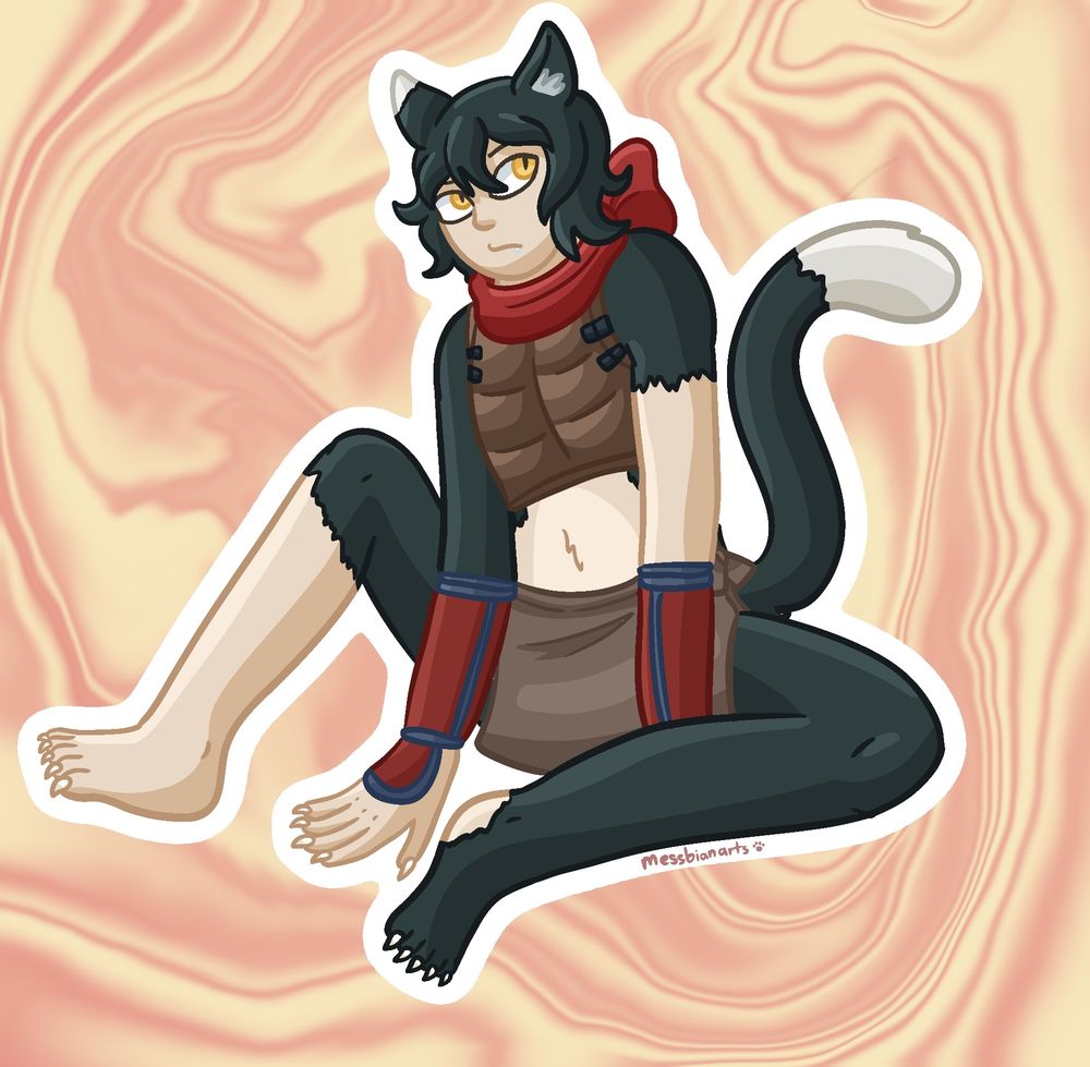 Izutsumi from delicious in dungeon. She’s sitting with her legs sprawled out with a skeptical expression. The background is a peach and yellow wavy pattern