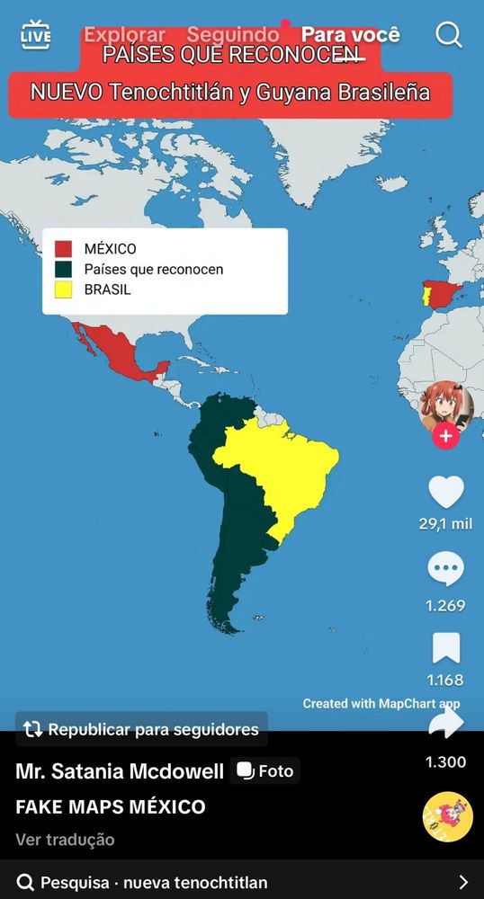 A imagem mostra um mapa do mundo, focado principalmente nas Américas, com destaque para o reconhecimento de dois territórios fictícios: "Nuevo Tenochtitlán" e "Guyana Brasileña".

Elementos Principais:

Vermelho: México, identificado como o próprio país.

Amarelo: Brasil, destacado separadamente.

Verde Escuro: Países que supostamente reconhecem esses novos territórios.