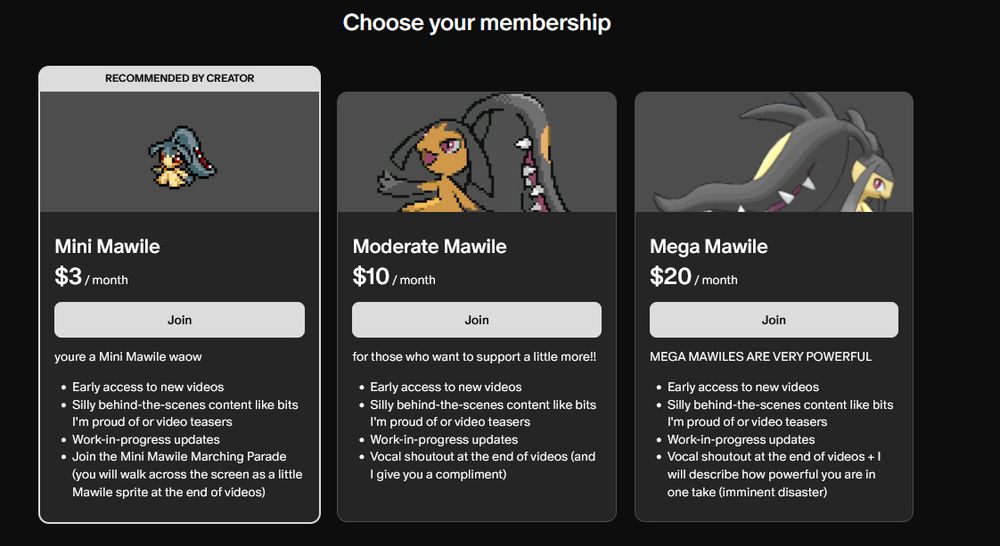 My Patreon tiers, including the Mini Mawile tier ($3), Moderate Mawile tier ($10), and Mega Mawile tier ($20). Pledging to any of these tiers grants you 
