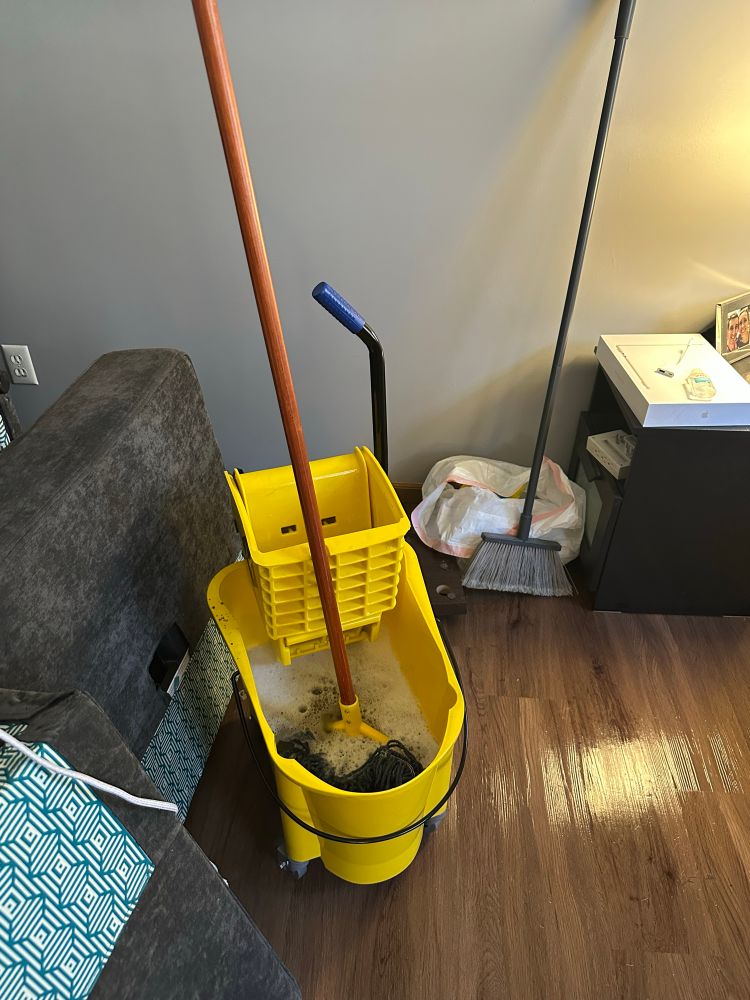 A mop in a janitor mop bucket on a hardwood floor in a living room. A broom is in the background. 