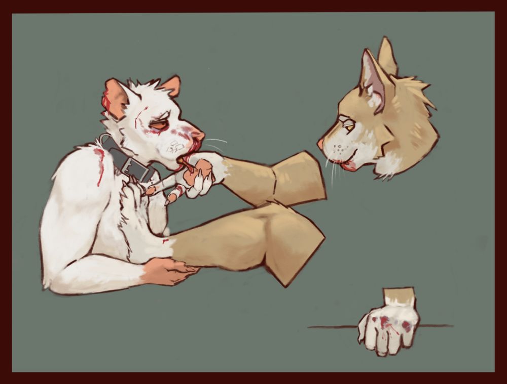 A digital drawing of an anthropomorphic cat sticking his thumb into the mouth of a bloodied, beaten rat. The cat is orange with white countershading, and the rat is white with pinkish skin on the hands and ears. Both are broken into fragments (I didn't feel like drawing all of it) so only the cat's head, hands, and one leg are visible. That leg is planted firmly on the chest of the rat, who is only visible from the elbow up. The cat, as they often do, seems to enjoy playing with the rodent. 
