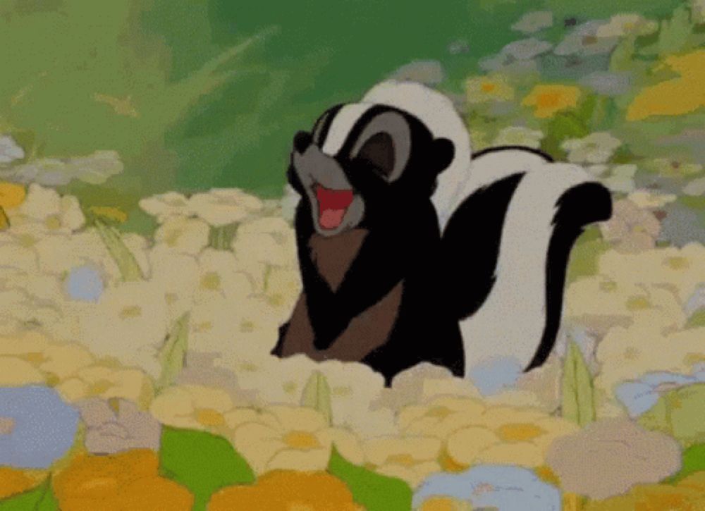 a black and white skunk is standing in a field of flowers .