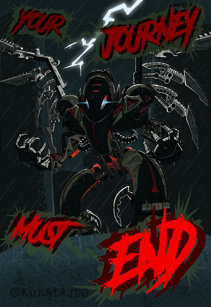 Your journey must end by KumataJDG

LEGO BIONICLE Makuta Teridax "Metru Nui" LoMN movie 2004 ultimate Dume Kraahkan storm lightning robot biomechanical toy fanart illustration fanzine