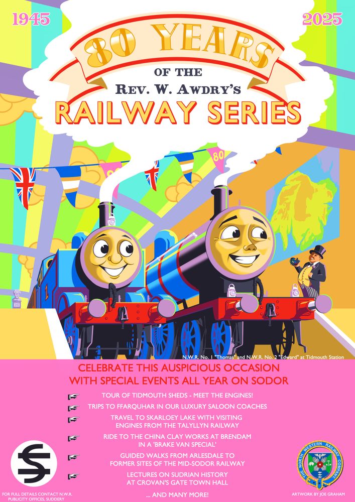 80th anniversary poster by KumataJDG

The Railway Series RWS Rev Wilbert Awdry 1945 2025 Thomas tank engine Edward Sir Topham Hatt Fat Controller steam locomotive train colourful fanart poster design illustration