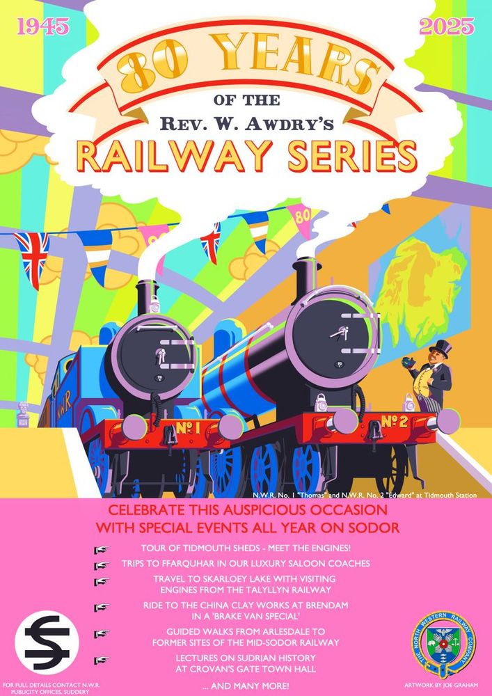 The Railway Series 80th anniversary poster (faceless) by KumataJDG

RWS 80 Rev W Awdry anniversary nostalgia poster design illustration Thomas the Tank Engine Edward Fat Controller Tidmouth Sodor North Western Railway NWR steam locomotive train smokebox colourful