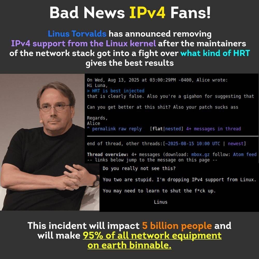 Bad News IPv4 Fans!
Linus Torvalds has announced removing IPv4 support from the Linux kernel after the maintainers of the network stack got into a fight over what kind of HRT gives the best results 
(screenshot where Alice said HRT is best injected, Luna disagrees and calls the other a gigahon, and Linus replies, saying both are stupid and that he's dropping support for IPv4 from Linux)
This incident will impact 5 billion people and will make 95% of all network equipment on earth binnable.