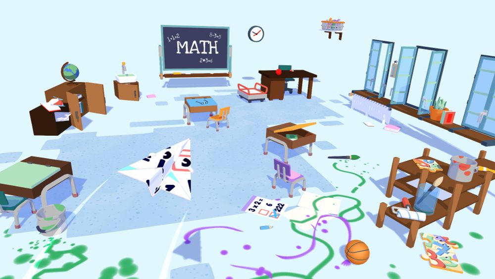 A paper plane with eyes and a nose, flies through a messy school room. There's paint all over the floor. A basket ball lies there, the windows are open and a math exercise has been wrongly filled out.