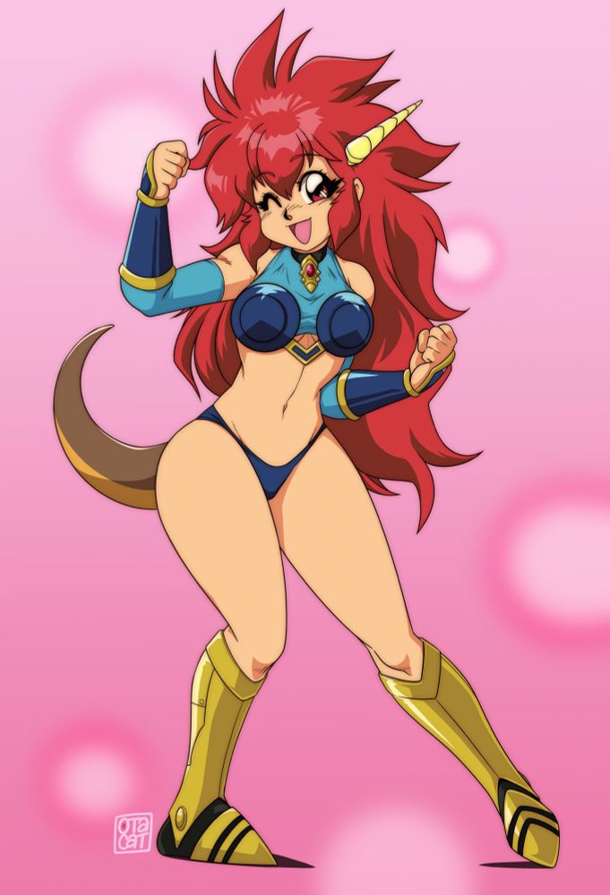 Mink from the manga/anime Dragon Half. She has red hair, and armor bikini, a tail and horns. She’s winking at you doing a little dance!