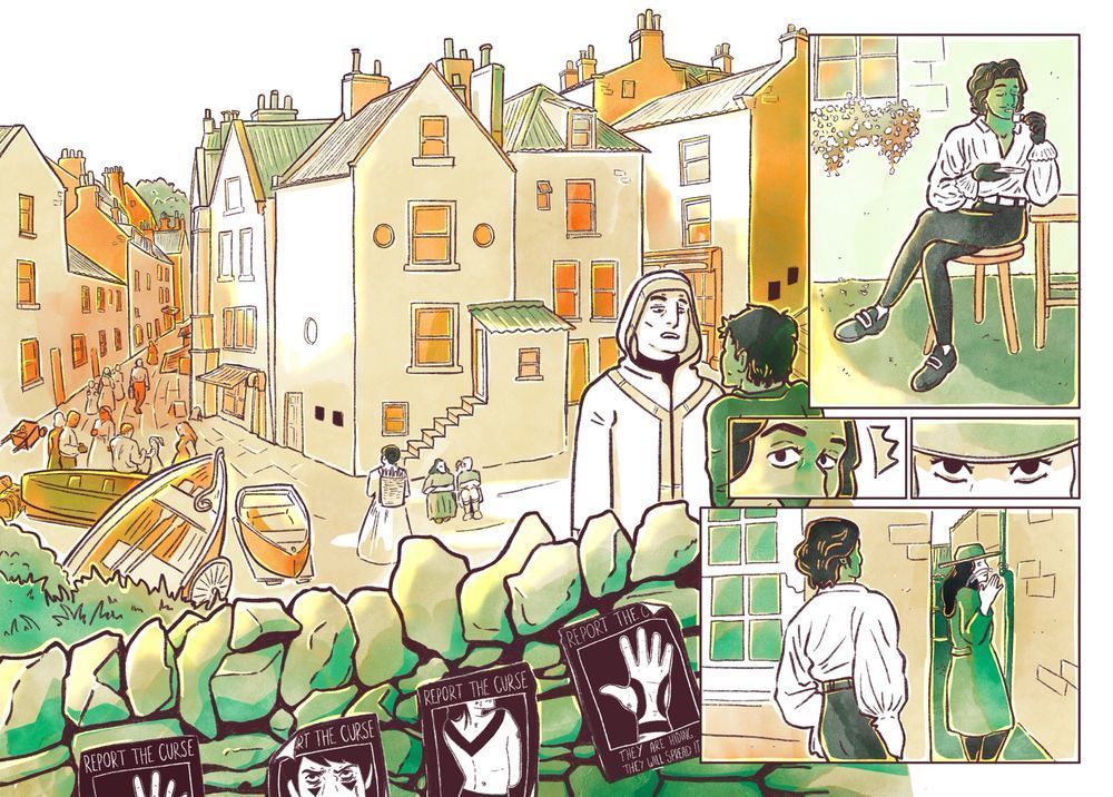 Page 12+13 
Panel 1 - Brigton town shot (full left page and ½ of the right page)
It is a bustling fishing village with terracotta tiles and sandstone walls. There are dinghies laying out and anti - curse propaganda posters (that include Baird.) 
In the foreground, there are men in religious gowns interrogating a concerned looking citizen. 
Panel 2 - Rayne is sitting down at an outdoor cafe, sipping on an espresso. 
His outfit is different. He is wearing the same white shirt with floppy sleeves as well as the same buckled shoes. However, his trousers are full length and tight leather. His shirt is also laced down, revealing some of his pectorals and chest hair. He is also wearing gloves instead of rings on his hands. And earrings.
Panel 3 - He notices something. 
Panel 4 - A woman is looking at him. (Angela, a member of the Seavixen pirates.)
Panel 5 - She gestures for him to follow her into an alley and he does, hands in pockets, comfortable. 
