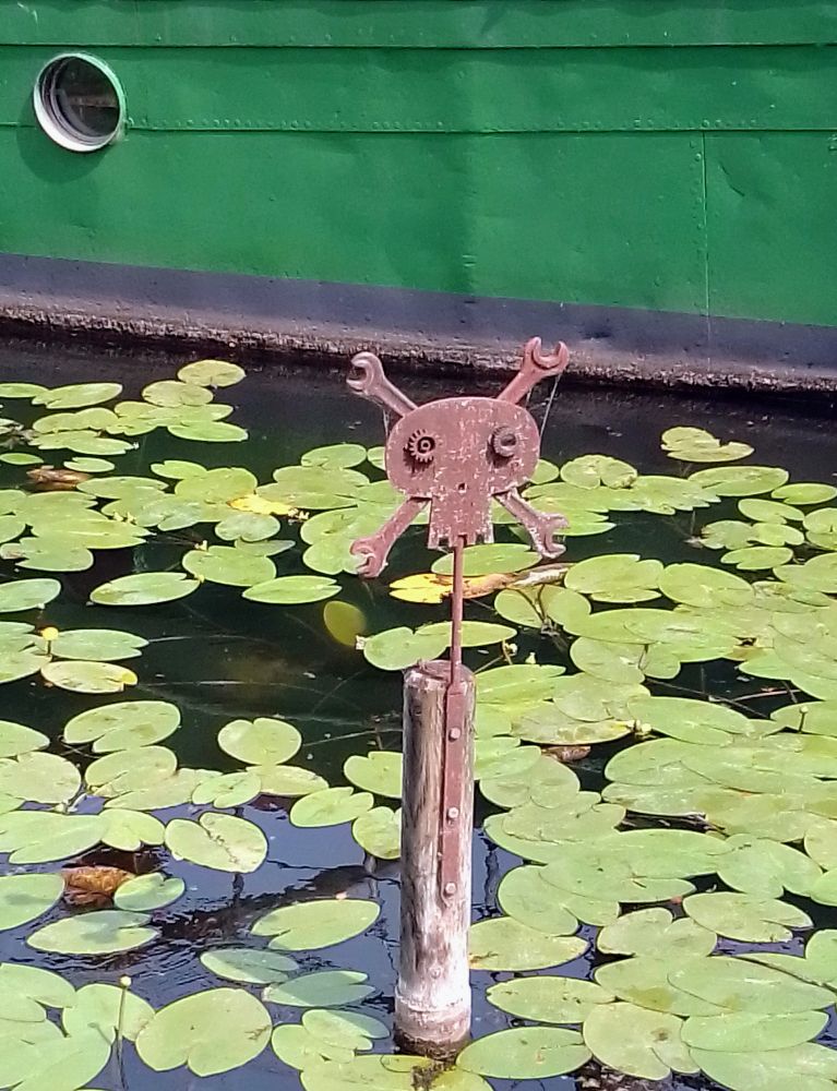 Gewässer mit Blättern von Seerosen, im Hintergrund der grüne Rumpf eines Schiffes, im Vordergrund ragt ein Pfosten mit einem verrosteten Totenkopf aus dem Wasser.