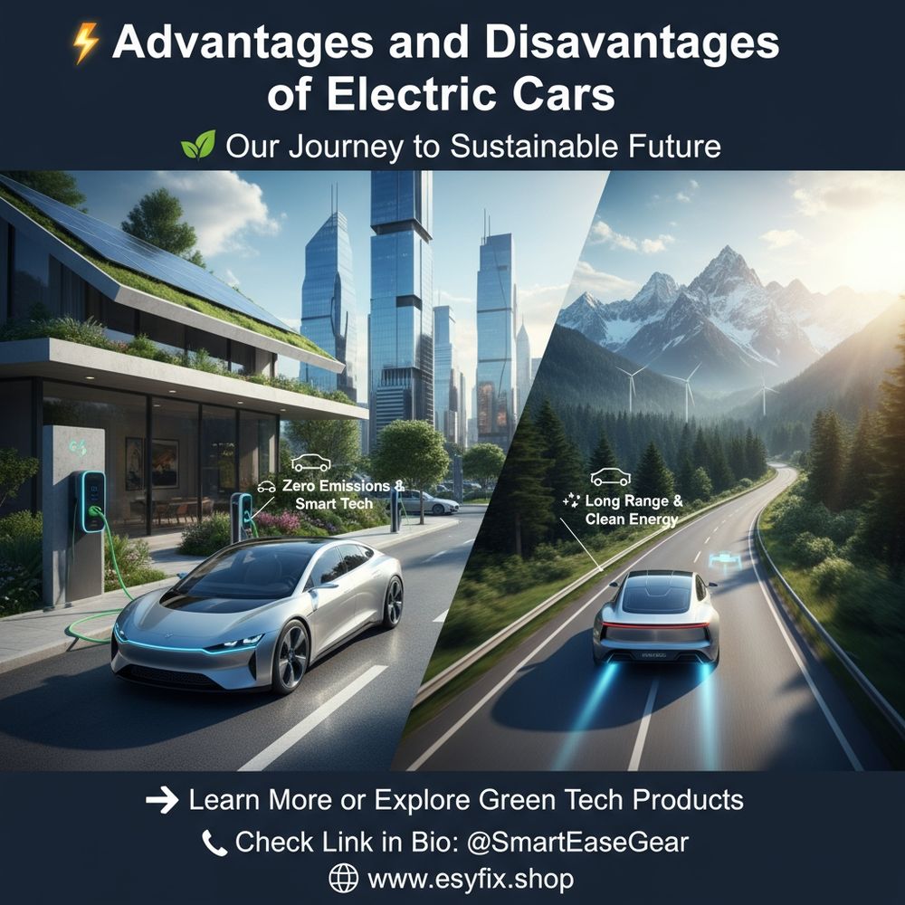 ⚡ Advantages and Disadvantages of Electric Cars
🌱 Our Journey to a Sustainable Future

Interest in eco-friendly technology is soaring worldwide. As climate change, oil scarcity, and pollution reshape our choices, electric cars are leading the charge toward cleaner mobility.

🚗 Once a dream of the future, EVs are now transforming daily life—quietly, powerfully, and sustainably. Yet, like any innovation, they come with both benefits and limitations.

✨ Let’s dive into the major pros & cons of electric vehicles—and see how they shape our economy, environment, and tomorrow’s roads.

👉 Learn More or Explore Green Tech Products
🔗 Check Link in Bio: @SmartEaseGear
🌐 www.esyfix.shop